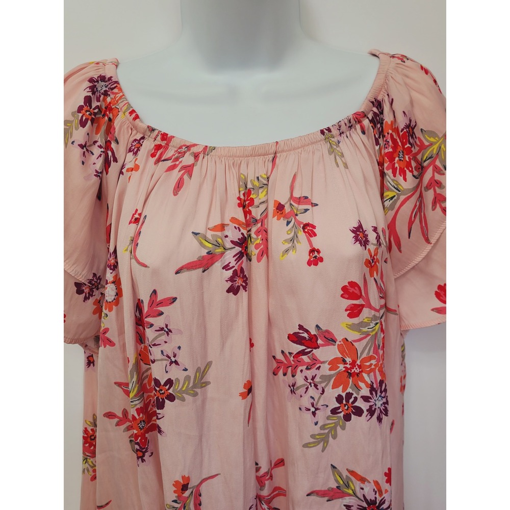 Terra & Sky Blouse Womens 1X Daylily Pink Floral Flutter Sleeve Tunic Boho Top